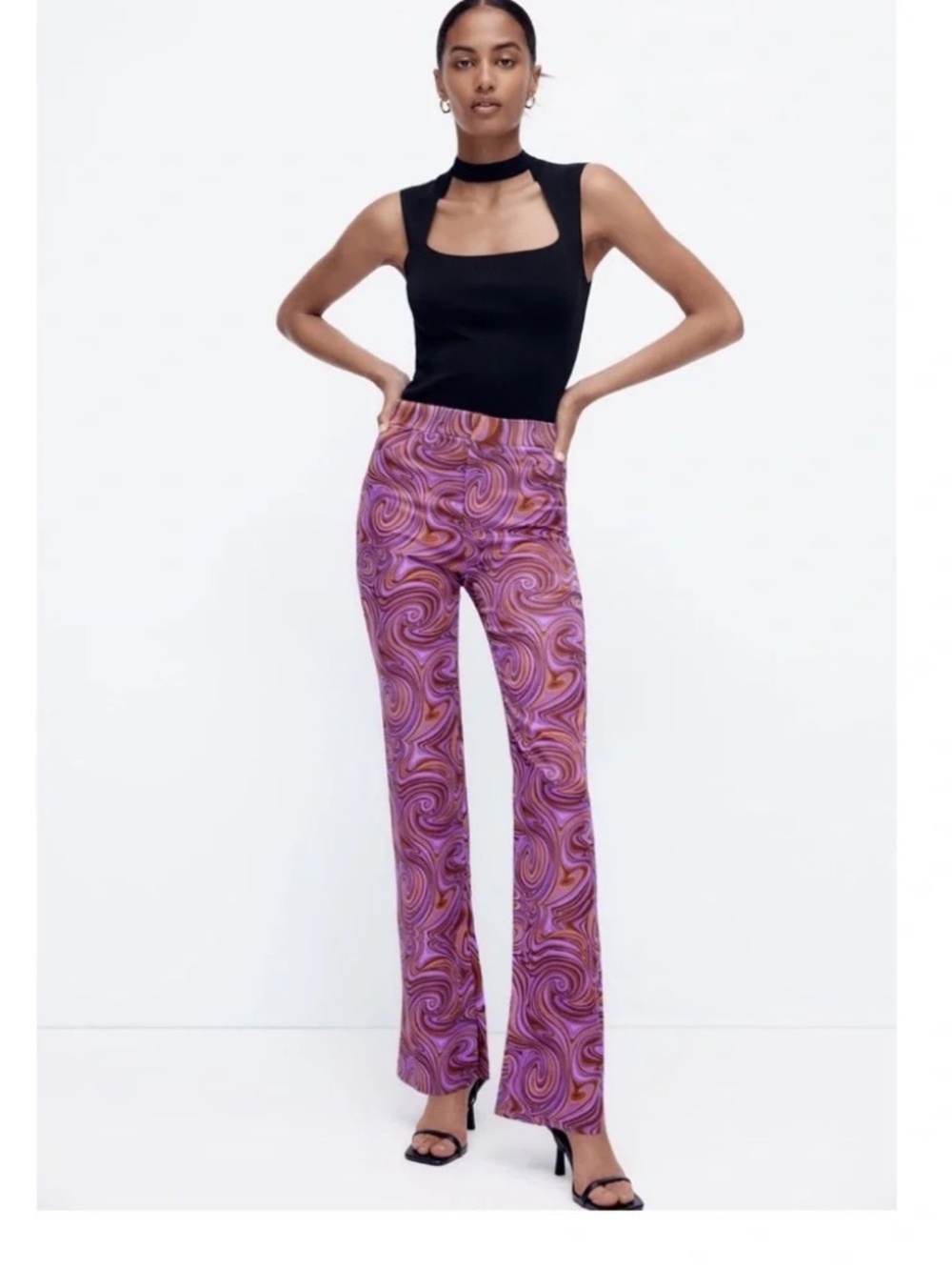 Zara purple/orange/brown printed flare pants